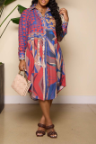 Red Casual Print Patchwork Turndown Collar Shirt Dress Dresses