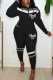 Black Casual Print Letter Hooded Collar Long Sleeve Two Pieces
