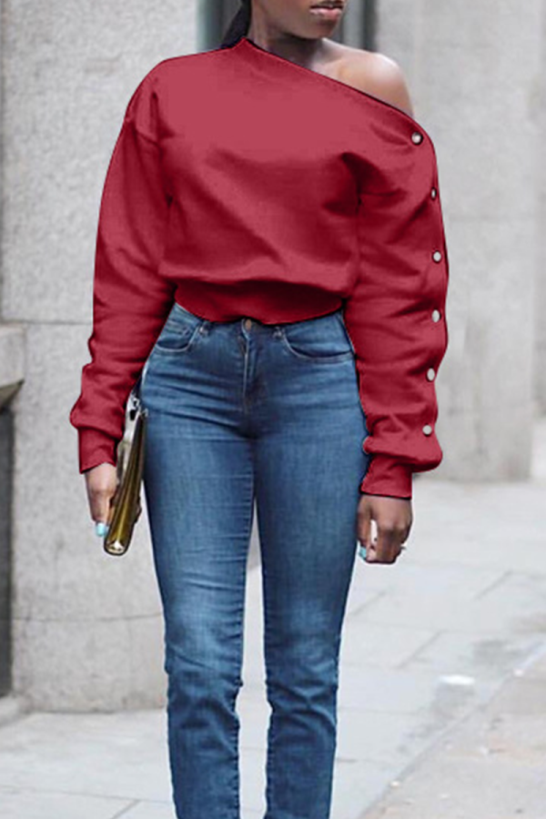 Burgundy Street Solid Buckle One Shoulder Tops