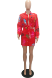 Red Casual Print Patchwork Turndown Collar Short Sleeve Two Pieces