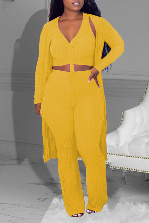 Yellow Casual Solid Patchwork Draw String V Neck Long Sleeve Three Pieces