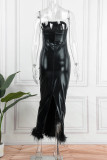 Black Sexy Solid Patchwork Feathers Backless Strapless Long Dress