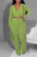 Green Casual Solid Patchwork Draw String V Neck Long Sleeve Three Pieces