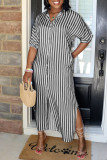 Blue Fashion Casual Striped Print Basic Turndown Collar Shirt Dress