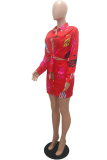 Red Casual Print Patchwork Turndown Collar Short Sleeve Two Pieces