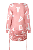 Pink Casual Print Patchwork Fold One Shoulder Pencil Skirt Dresses