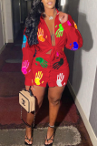 Red Casual Print Patchwork Turndown Collar Short Sleeve Two Pieces