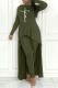 Army Green Street Print Patchwork O Neck Long Sleeve Two Pieces