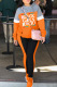Tangerine Red Casual Print Letter Hooded Collar Long Sleeve Two Pieces