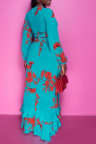Blue Sexy Print Patchwork V Neck Long Sleeve Two Pieces