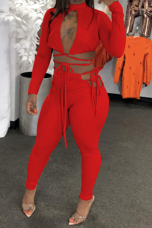 Red Sexy Solid Draw String Half A Turtleneck Long Sleeve Two Pieces