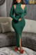Green Sexy Solid Patchwork Slit Turtleneck Long Sleeve Two Pieces
