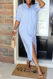 Blue Fashion Casual Striped Print Basic Turndown Collar Shirt Dress