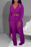 Purple Casual Solid Patchwork Draw String V Neck Long Sleeve Three Pieces
