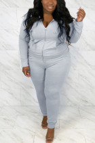 Grey Sportswear Solid Hooded Collar Plus Size
