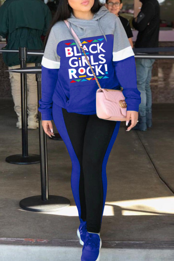 Blue Casual Print Letter Hooded Collar Long Sleeve Two Pieces