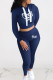 Blue Casual Print Letter Hooded Collar Long Sleeve Two Pieces