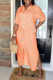Blue Fashion Casual Striped Print Basic Turndown Collar Shirt Dress