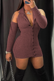 Red Sexy Solid Hollowed Out Turndown Collar Pencil Skirt Dresses