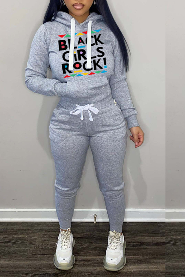 Grey Street Print Draw String Hooded Collar Long Sleeve Two Pieces