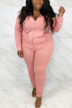 Pink Sportswear Solid Hooded Collar Plus Size