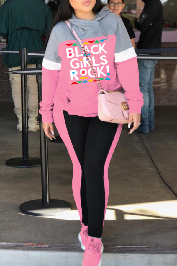 Pink Casual Print Letter Hooded Collar Long Sleeve Two Pieces