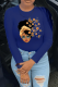 Navy Blue Street Vintage Print Patchwork O Neck Tops