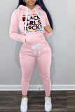 Pink Street Print Draw String Hooded Collar Long Sleeve Two Pieces