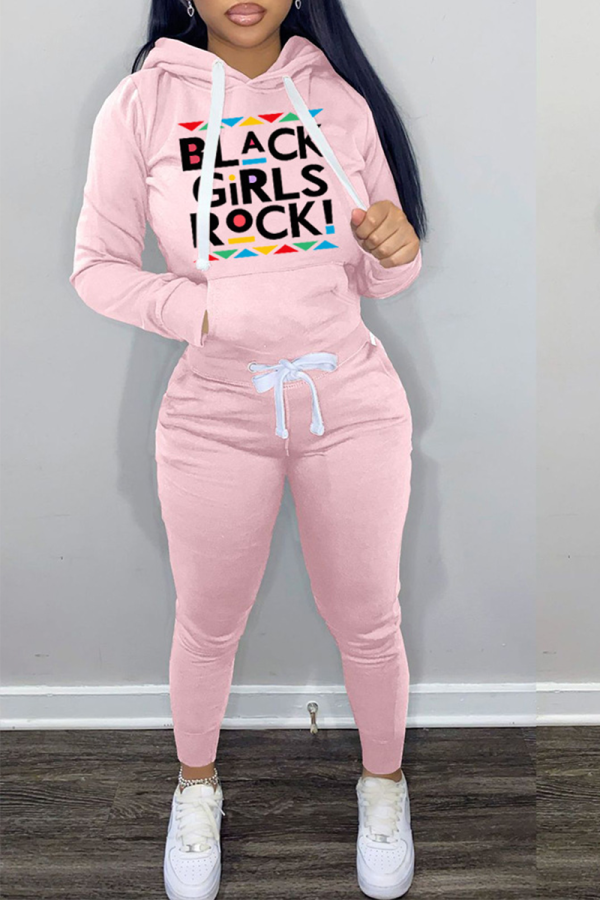 Pink Street Print Draw String Hooded Collar Long Sleeve Two Pieces