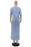 Blue Fashion Casual Striped Print Basic Turndown Collar Shirt Dress