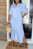 Blue Fashion Casual Striped Print Basic Turndown Collar Shirt Dress
