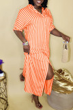 Blue Fashion Casual Striped Print Basic Turndown Collar Shirt Dress
