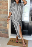 Blue Fashion Casual Striped Print Basic Turndown Collar Shirt Dress