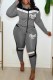 Grey Casual Print Letter Hooded Collar Long Sleeve Two Pieces