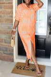 Blue Fashion Casual Striped Print Basic Turndown Collar Shirt Dress