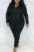 Black Sportswear Solid Hooded Collar Plus Size