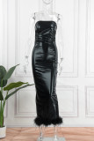 Black Sexy Solid Patchwork Feathers Backless Strapless Long Dress