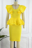 Yellow Casual Solid Patchwork Flounce O Neck Short Sleeve Dress Dresses