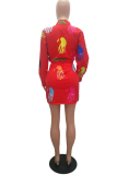 Red Casual Print Patchwork Turndown Collar Short Sleeve Two Pieces