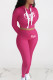 Rose Red Casual Print Letter Hooded Collar Long Sleeve Two Pieces