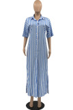 Blue Fashion Casual Striped Print Basic Turndown Collar Shirt Dress