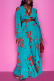 Blue Sexy Print Patchwork V Neck Long Sleeve Two Pieces