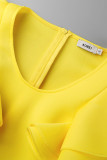 Yellow Casual Solid Patchwork Flounce O Neck Short Sleeve Dress Dresses