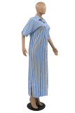 Blue Fashion Casual Striped Print Basic Turndown Collar Shirt Dress