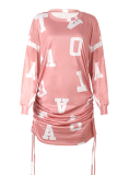 Pink Casual Print Patchwork Fold One Shoulder Pencil Skirt Dresses