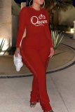 Red Street Print Tassel O Neck Long Sleeve Two Pieces