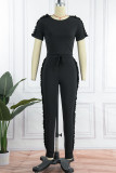Rose Red Casual Solid Patchwork Stringy Selvedge O Neck Short Sleeve Two Pieces