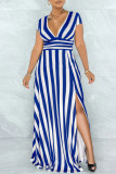 Red Fashion Casual Striped Print Slit V Neck Short Sleeve Dress