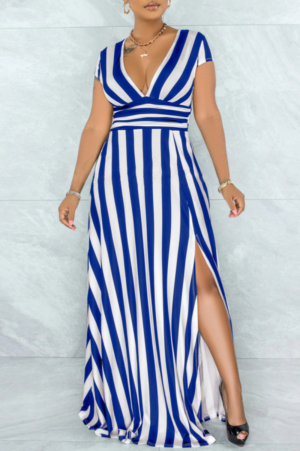 Blue Fashion Casual Striped Print Slit V Neck Short Sleeve Dress