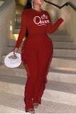 Red Street Print Tassel O Neck Long Sleeve Two Pieces